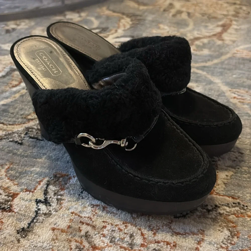 COACH IDYLE Shearling leather black clog heels rare $328 9 silver Designer - Picture 11 of 11